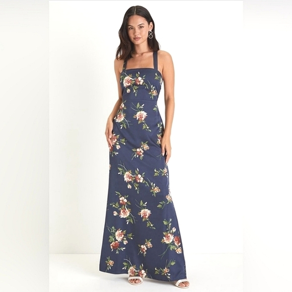 Lulus Dresses & Skirts - Lulus Blooming So Sweetly Navy Blue Floral Satin Lace-Up Maxi Dress Size…